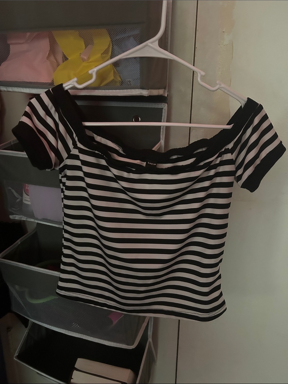 SHEIN Black & White Striped Off-Shoulder Crop Top